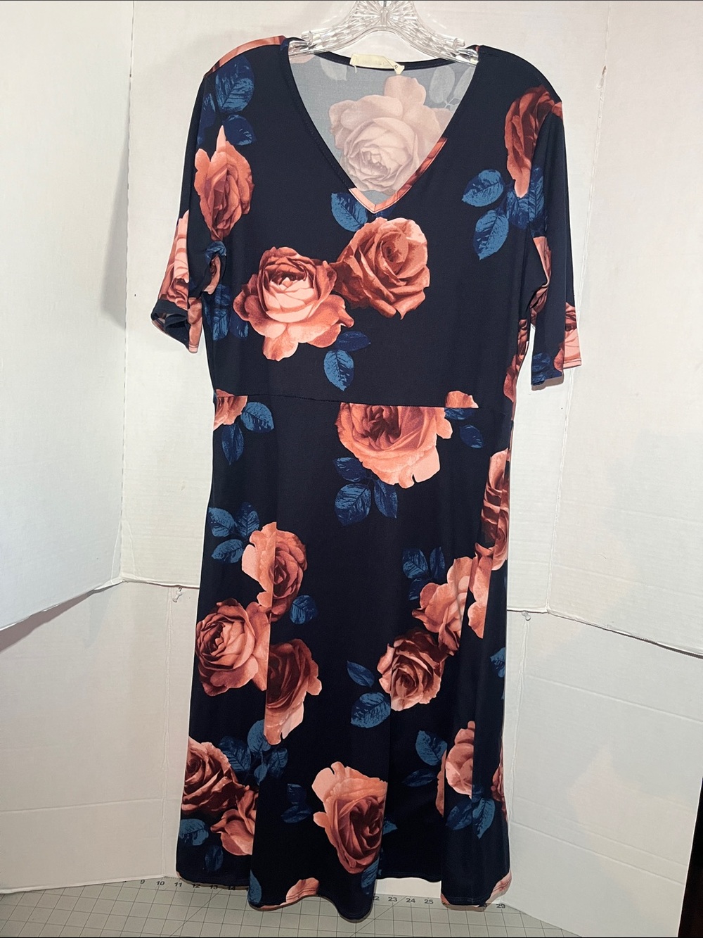 V-Neck Navy Midi Dress with Rose Print